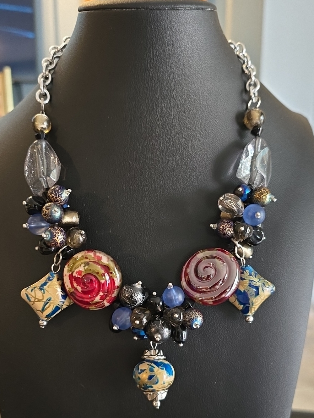 Handcrafted Multicolor Statement Beaded Necklace - Blue & Red